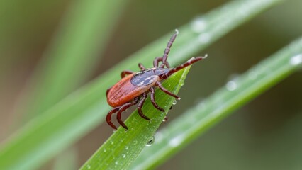 A red tick on a green leaf with water droplets.