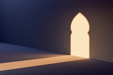 A soft light casts a shadow of an muslim style arched doorway on a dark wall, creating a serene and minimalist atmosphere with geometric shapes.