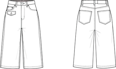 Front and back flat sketch of wide leg culotte jeans with pockets and belt loops © Olaja Vector Vision