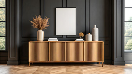 Elegant interior with wooden sideboard blank frame and modern decorative objects
