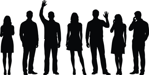 Group of diverse people silhouettes waving and talking on phone women
