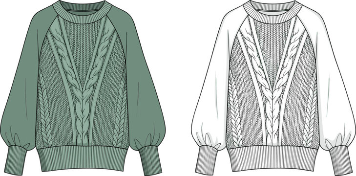 Green cable knit sweater with balloon sleeves and ribbed cuffs and hem knitwear