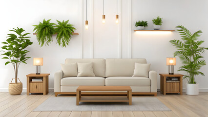 Bright modern living room interior with beige sofa wooden table and green plants
