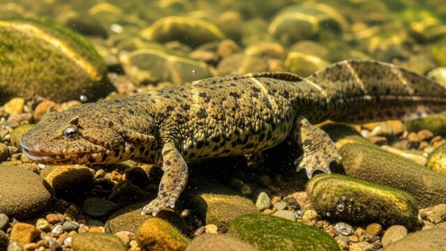 A large, brown, spotted salamander with a long tail and webbed feet, swimming in a rocky stream with green moss and rocks.