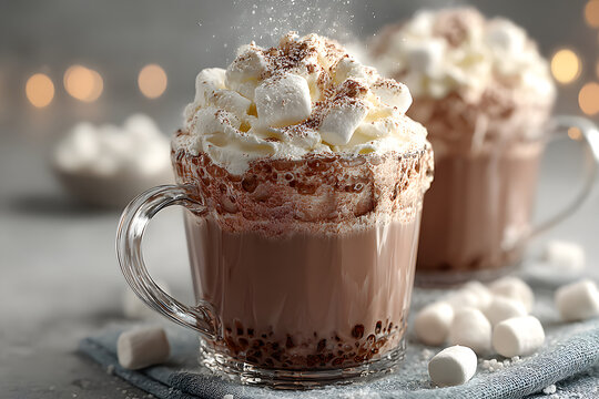 Glass cups of hot cocoa drink with whipped cream and marshmallows on white tile table