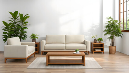 Modern cozy living room interior with beige sofa wooden furniture and indoor plants
