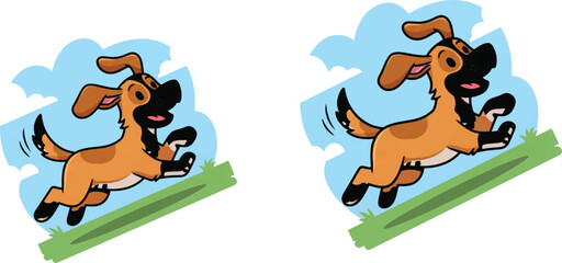 Running dog cartoon, joyful pet illustration, playful puppy vector, spot the difference design, outdoor animal scene, character motion graphics