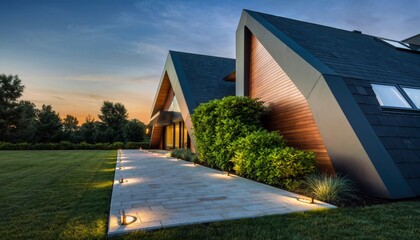 Modern A-Frame Residential Architecture Featuring Sharp Geometric Lines and Wood Paneling; Ideal for avant-garde architectural portfolios, luxury home builder websites, and premium design magazines