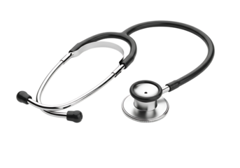 A professional medical stethoscope with chrome accents and black tubing isolated on transparent background