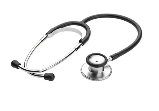 A professional medical stethoscope with chrome accents and black tubing isolated on transparent background