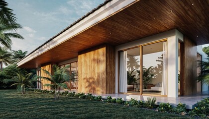 Modern Tropical Villa with Warm Wood Facade and Floor-to-Ceiling Glass Doors; Ideal for luxury real estate listings, eco-resort architectural portfolios, and contemporary vacation home design catalogs