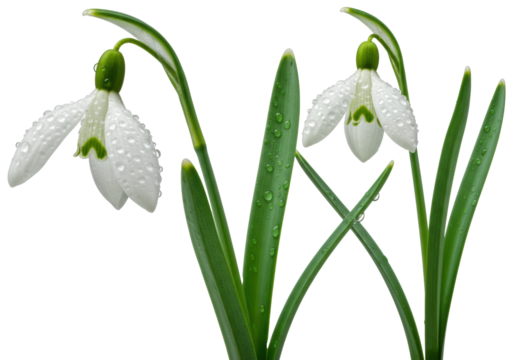 Three distinct compositions of galanthus nivalis snowdrop flowers with delicate white petals and glossy green foliage, hyperdetailed macro view coated in dew, transparent background, concept of