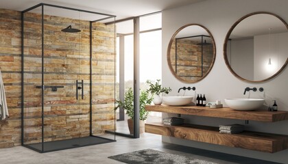 Luxury Bathroom Interior with Walk-in Glass Shower and Rustic Stone Feature Wall; Ideal for high-end real estate listings, interior design portfolios, and home renovation marketing catalogs.