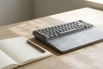 Minimalist workspace with keyboard and notebook
