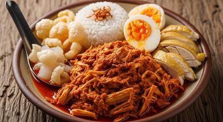Delicious Indonesian Nasi Campur with Shredded Chicken and Boiled Egg.