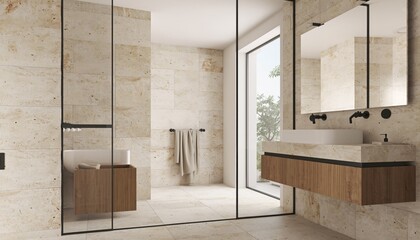 Minimalist Luxury Bathroom Interior with Natural Stone Walls and Floating Wooden Vanity; Ideal for high-end architectural design portfolios, real estate staging, and premium home decor catalogs.