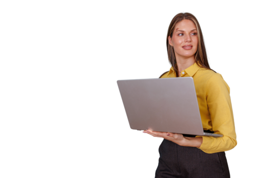 Professional businesswoman in yellow shirt holding a laptop, looking away with a thoughtful expression, representing business and technology - Powered by Adobe