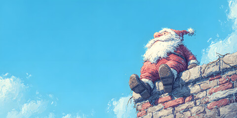 Merry Christmas xmas holiday celebration background, funny greeting card - Santa Claus with his head stuck in the chimney and his black boots pointing toward the blue sky