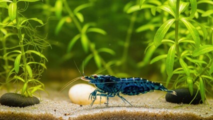 A blue shrimp with green leaves in an aquarium. The aquatic concept of a marine environment.