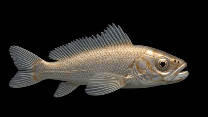 Fototapeta premium A fish with a metallic sheen on its body, swimming in water against a black background.