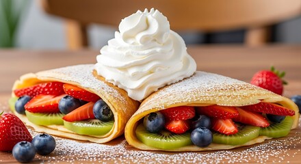 Delicious Crepes with Fresh Fruit and Whipped Cream Topping.