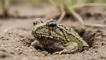 Obraz premium A green frog with blue eyes emerging from a sandy hole in the sand.