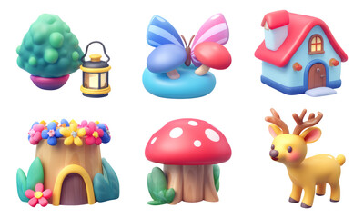Obraz premium Whimsical 3D Illustration of Mythical Creatures and Forest Elements in Nature