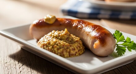 Grilled Bratwurst Sausage with Whole Grain Mustard and Parsley Garnish.