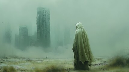 Mysterious Cloaked Figure in Desolate Wasteland Overlooking Foggy Ruined City Skyscrapers