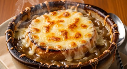 Delicious French Onion Soup with Melted Cheese Topping.