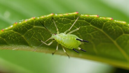 Fototapeta premium A green aphid on a leaf with a blurred green background.