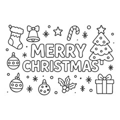 Fototapeta premium Cute “Merry Christmas” coloring page featuring decorative holiday ornaments, festive lettering, and simple bold outlines, perfect for children’s winter activities and December celebrations.