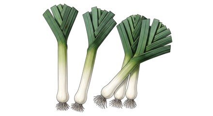 Fresh Leeks Displayed on White Background, Culinary Vegetable.