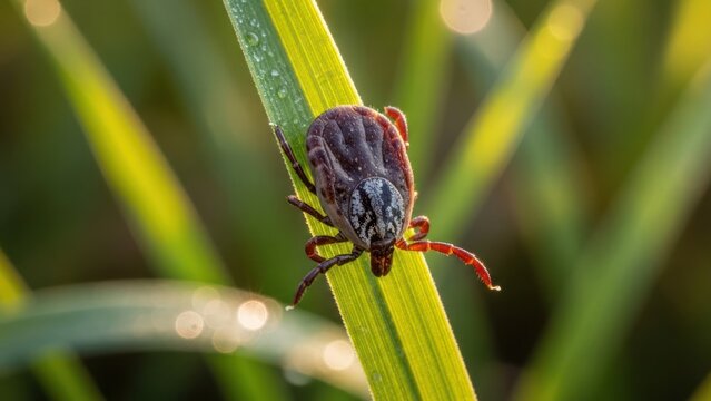 A tick on a blade of grass with dew drops.