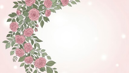 Elegant Pink Roses Garland Border with Soft Bokeh Lights.