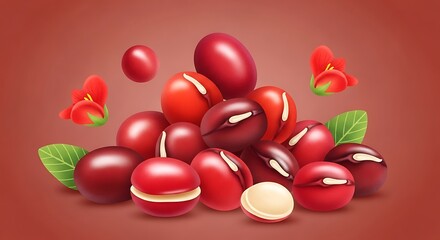 Pile of Red Beans with Leaves and Flowers.