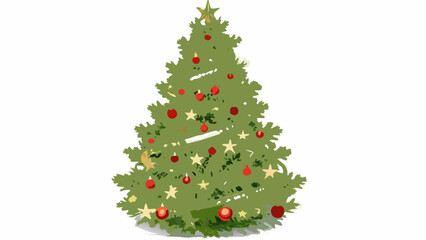 A festive green christmas tree adorned with red ornaments and golden stars ready to bring holiday cheer