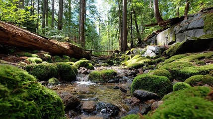 Obraz premium Tranquil Forest Stream: A crystal-clear stream meanders through a vibrant forest, its waters flowing over moss-covered stones, creating a serene and immersive nature scene.