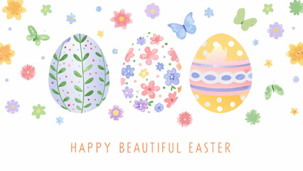 Whimsical watercolor easter eggs and butterflies adorned with delicate flowers and a cheerful greeting