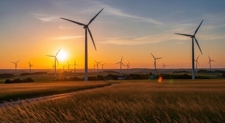 Wind turbines stand tall in a field at sunset, generating clean energy