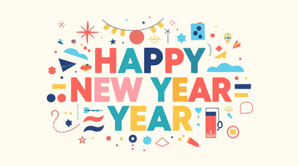 Vector illustration template featuring festive happy new year design elements with a modern flat design style, incorporating vibrant colors, bold typography