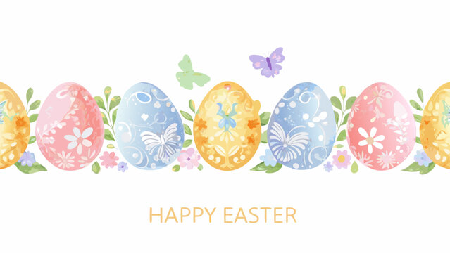 A row of beautifully decorated easter eggs in pastel colors with floral and butterfly motifs set against a white background with the words happy easter