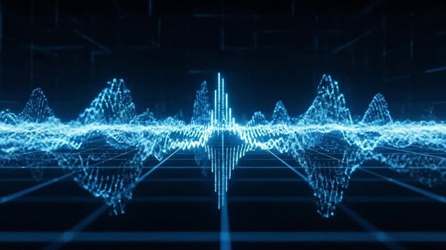 Abstract Blue Digital Sound Waveform Visualization With Grid Lines And Particles In Dark Futuristic Background