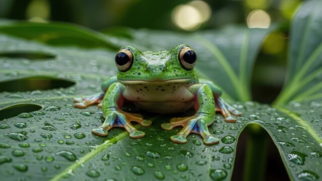 A green frog with large eyes sitting on a leaf with water droplets. - Powered by Adobe