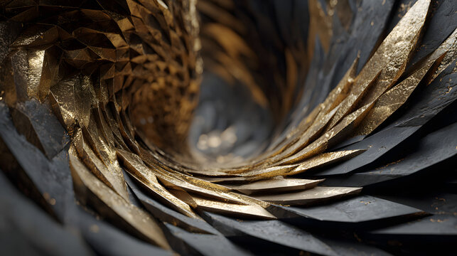 Black and gold folded wave installation with contemporary abstract style. 3d render illustration.