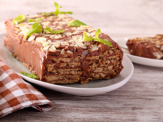 No bake biscuits chocolate cake sliced