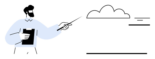 Business presentation. Professional communicates ideas using a pointer and cloud symbol to depict data or ideas. Business presentation supports education, cloud computing, technology, project