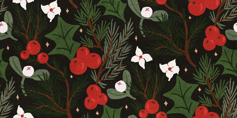Christmas seamless pattern with red berries