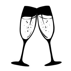 illustration: two champagne glasses cheering together, hand drawn black symbol isolated on white or transparent png
