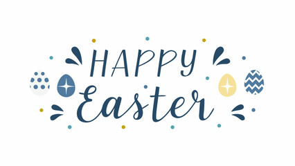 Festive happy easter greeting with decorative eggs and playful confetti in a charming blue and yellow color palette